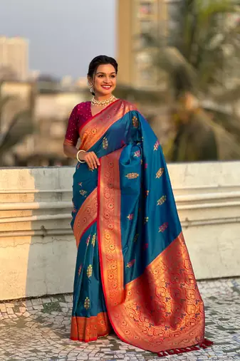 Blue soft silk blend saree with flower butta meenakari zari woven saree
