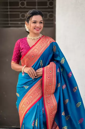 Blue soft silk blend saree with flower butta meenakari zari woven saree