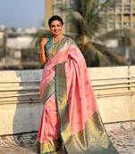Baby pink soft silk blend saree with flower butta meenakari zari woven saree