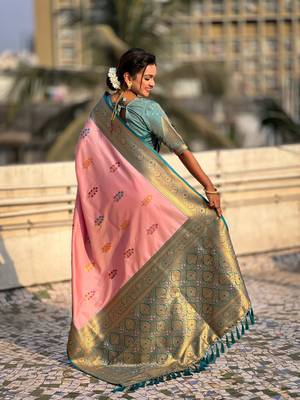 Baby pink soft silk blend saree with flower butta meenakari zari woven saree 2