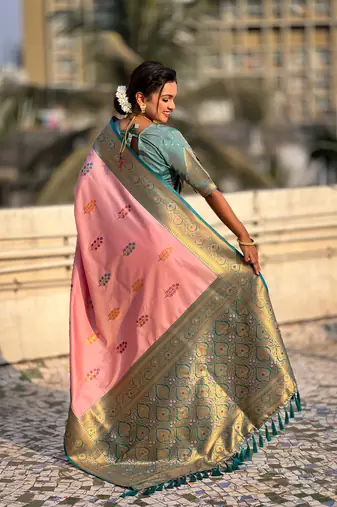 Baby pink soft silk blend saree with flower butta meenakari zari woven saree