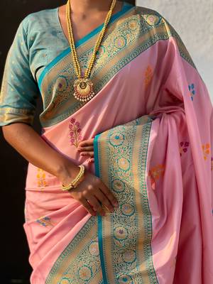 Baby pink soft silk blend saree with flower butta meenakari zari woven saree 3