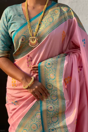 Baby pink soft silk blend saree with flower butta meenakari zari woven saree