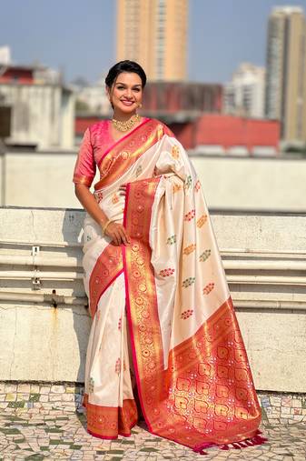 Cream soft silk blend saree with flower butta meenakari zari woven saree