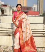 Cream soft silk blend saree with flower butta meenakari zari woven saree