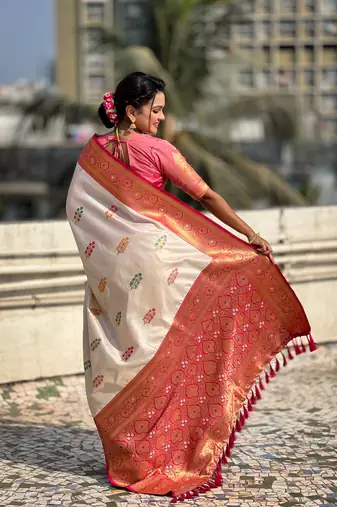 Cream soft silk blend saree with flower butta meenakari zari woven saree