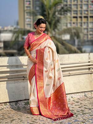 Cream soft silk blend saree with flower butta meenakari zari woven saree 3