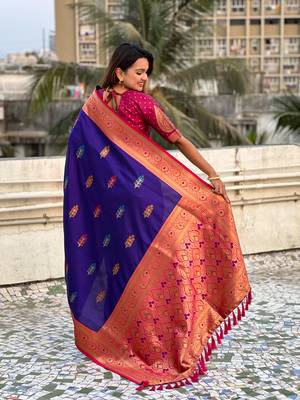 Violet soft silk blend saree with flower butta meenakari zari woven saree 2