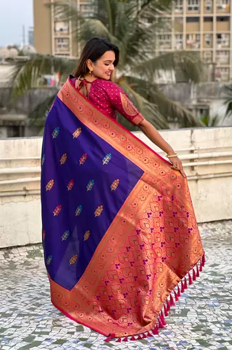Violet soft silk blend saree with flower butta meenakari zari woven saree