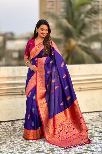Violet soft silk blend saree with flower butta meenakari zari woven saree