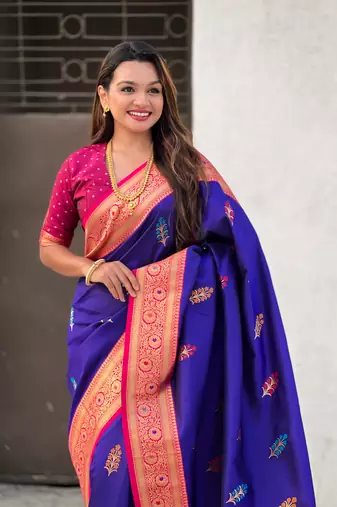Violet soft silk blend saree with flower butta meenakari zari woven saree