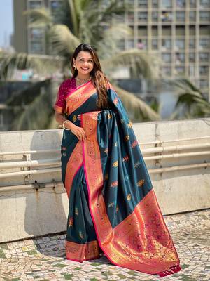 Denim blue soft silk blend saree with flower butta meenakari zari woven saree 1