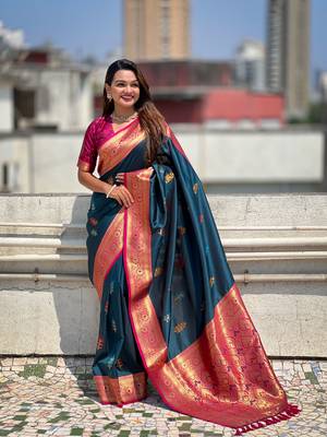 Denim blue soft silk blend saree with flower butta meenakari zari woven saree 3