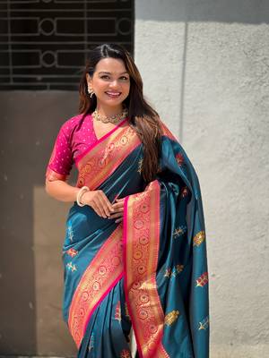 Denim blue soft silk blend saree with flower butta meenakari zari woven saree 4