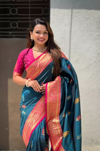 Denim blue soft silk blend saree with flower butta meenakari zari woven saree