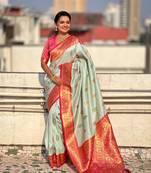 Sky blue soft silk blend saree with flower butta meenakari zari woven saree