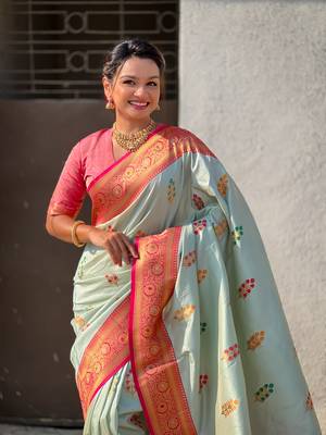 Sky blue soft silk blend saree with flower butta meenakari zari woven saree 4