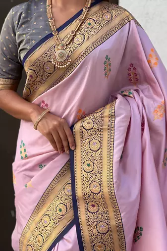 Lavender soft silk blend saree with flower butta meenakari zari woven saree