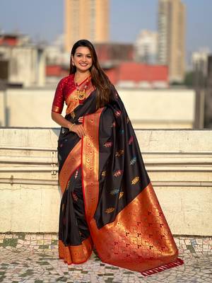 Black soft silk blend saree with flower butta meenakari zari woven saree 1