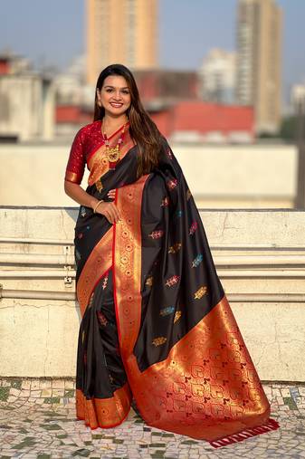 Black soft silk blend saree with flower butta meenakari zari woven saree