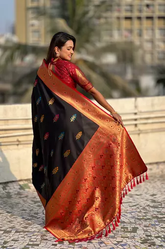 Black soft silk blend saree with flower butta meenakari zari woven saree