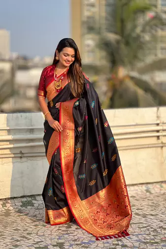 Black soft silk blend saree with flower butta meenakari zari woven saree