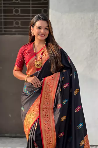 Black soft silk blend saree with flower butta meenakari zari woven saree