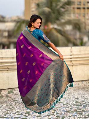 Wine soft silk blend saree with flower butta meenakari zari woven saree 2