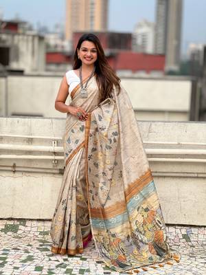 Yellow katki silk blend floral printed saree with piping border 1