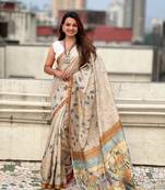 Yellow katki silk blend floral printed saree with piping border