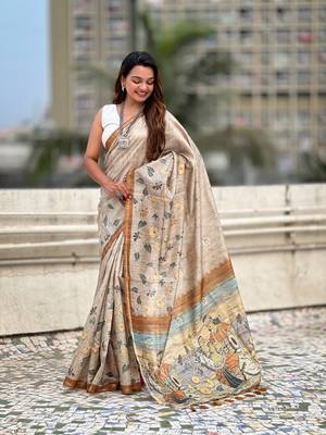 Yellow katki silk blend floral printed saree with piping border 3