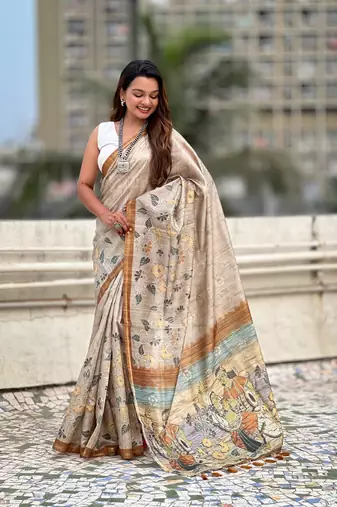 Yellow katki silk blend floral printed saree with piping border