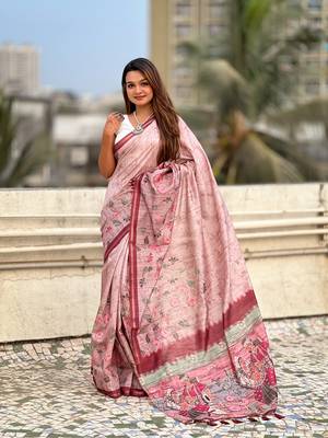 Baby pink katki silk blend floral printed saree with piping border 1