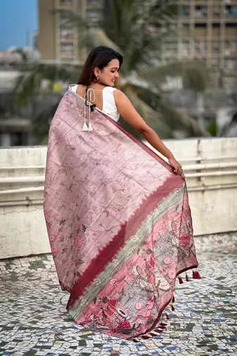 Baby pink katki silk blend floral printed saree with piping border