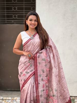 Baby pink katki silk blend floral printed saree with piping border 3