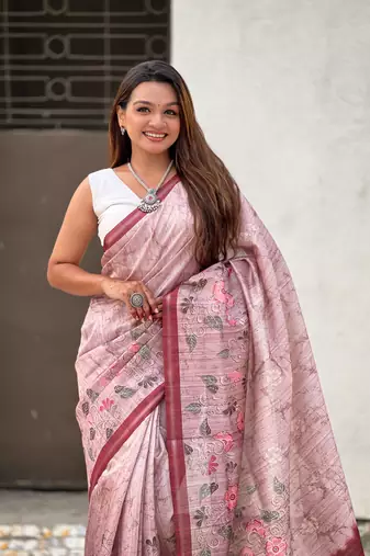 Baby pink katki silk blend floral printed saree with piping border