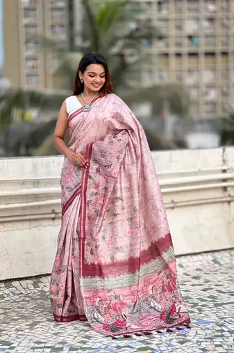 Baby pink katki silk blend floral printed saree with piping border