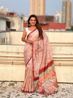 Brown katki silk blend floral printed saree with piping border 1