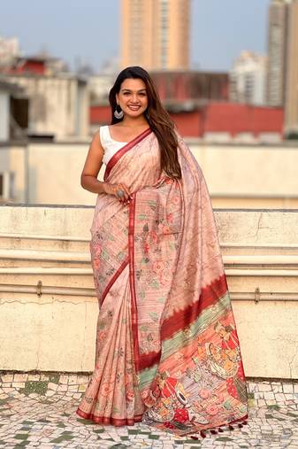 Brown katki silk blend floral printed saree with piping border