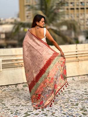 Brown katki silk blend floral printed saree with piping border 2