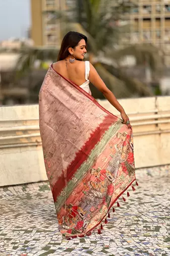 Brown katki silk blend floral printed saree with piping border