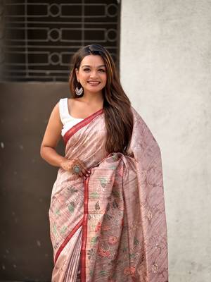 Brown katki silk blend floral printed saree with piping border 3