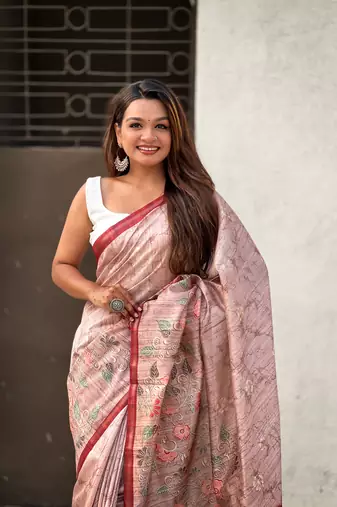 Brown katki silk blend floral printed saree with piping border