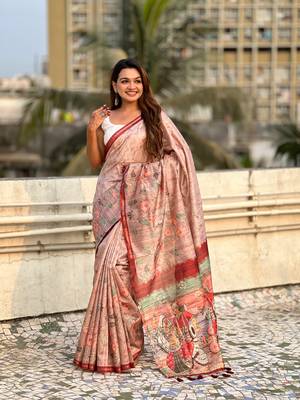 Brown katki silk blend floral printed saree with piping border 4