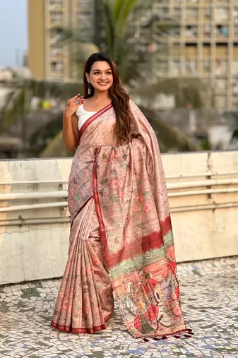 Brown katki silk blend floral printed saree with piping border