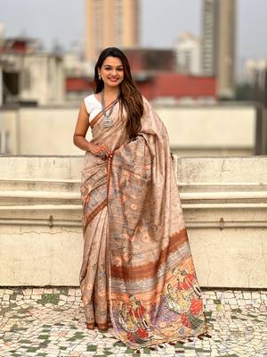 Brown katki silk blend floral printed saree with piping border 1