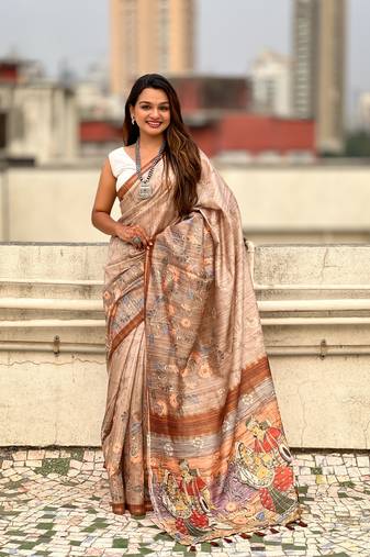 Brown katki silk blend floral printed saree with piping border