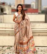 Brown katki silk blend floral printed saree with piping border
