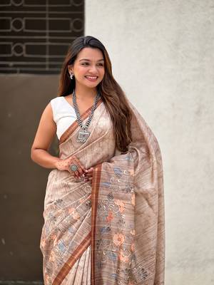 Brown katki silk blend floral printed saree with piping border 3