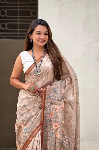 Brown katki silk blend floral printed saree with piping border